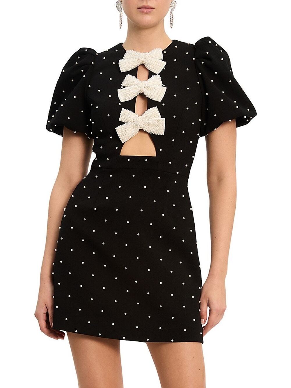 New Sierra Darien Black Polka Dot Pearl Bow Puff Sleeve Mini Dress NWT